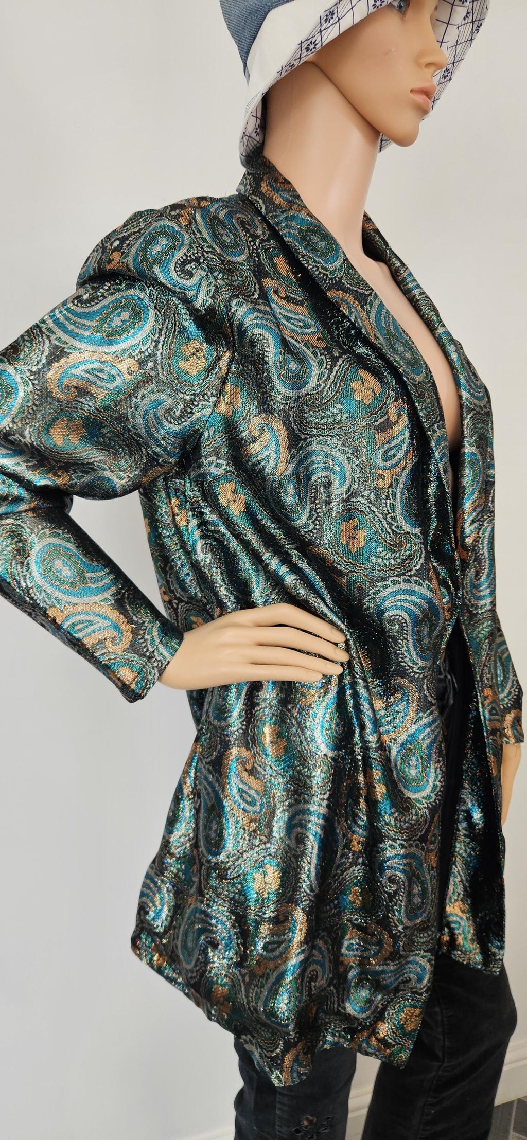 1970s Green & Gold Paisley Glitter Jacket Sz 14