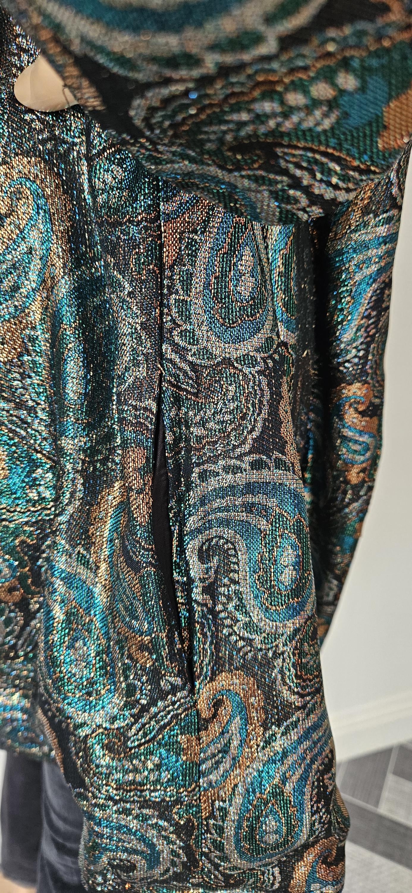 1970s Green & Gold Paisley Glitter Jacket Sz 14