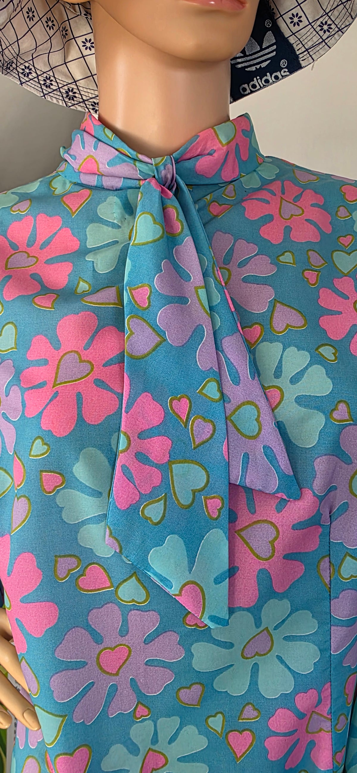 1960s Handmade Blue & Pink Floral Day Dress sz18/20