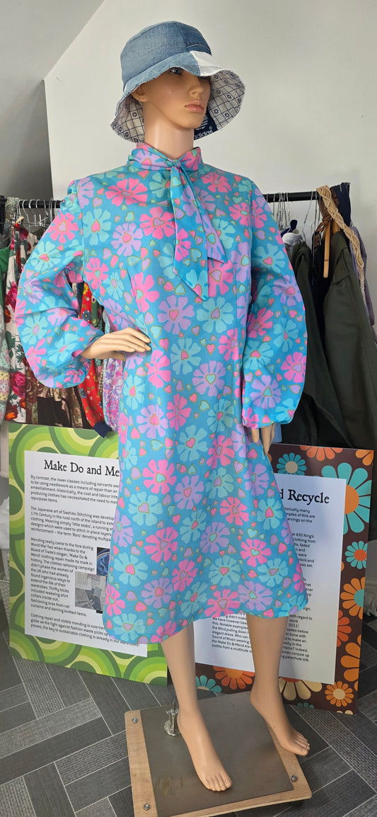 1960s Handmade Blue & Pink Floral Day Dress sz18/20