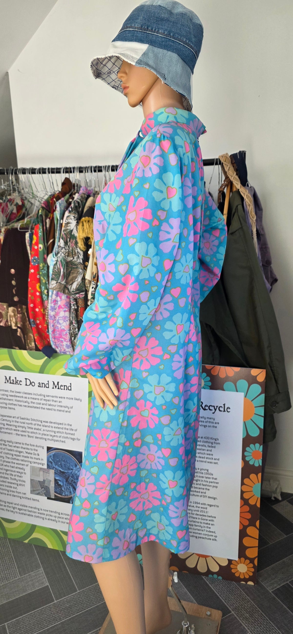 1960s Handmade Blue & Pink Floral Day Dress sz18/20