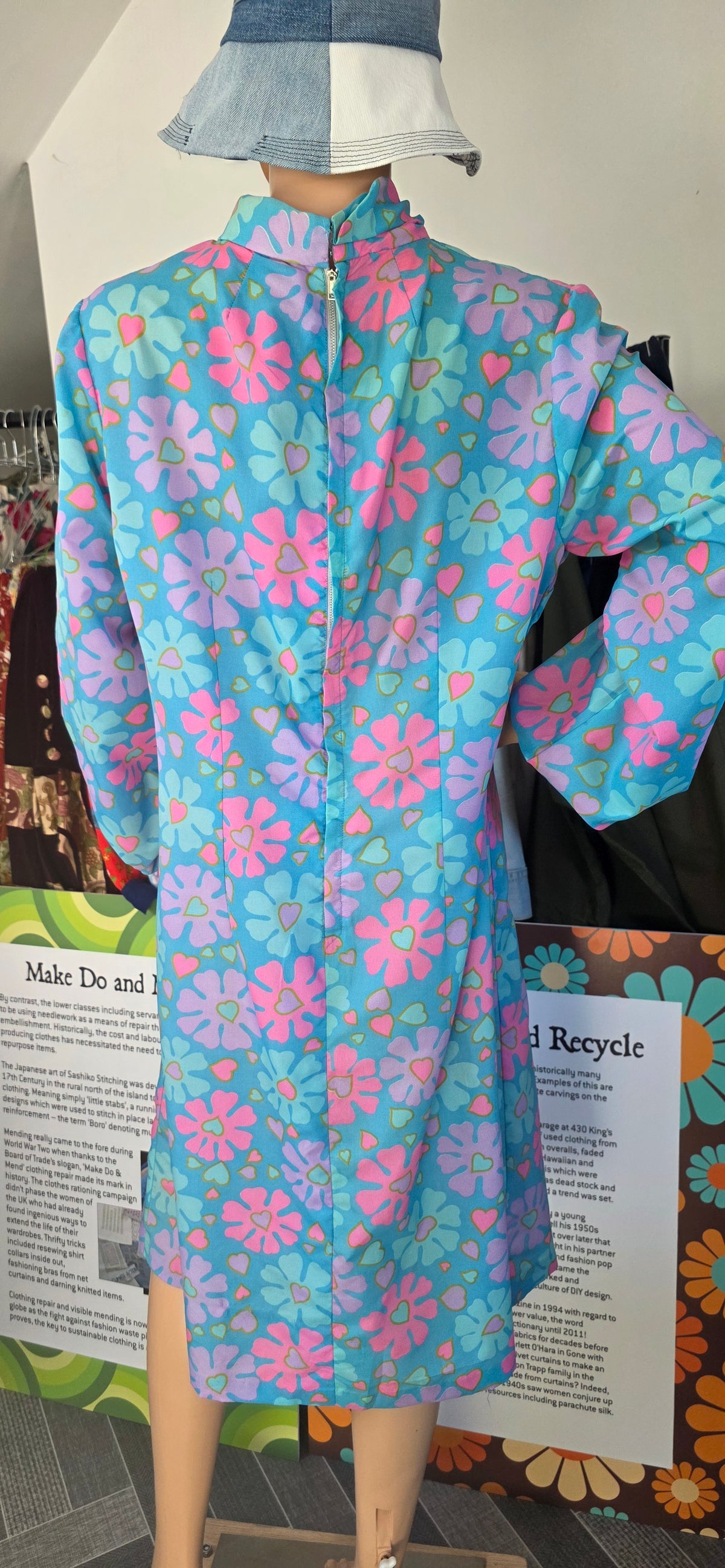 1960s Handmade Blue & Pink Floral Day Dress sz18/20