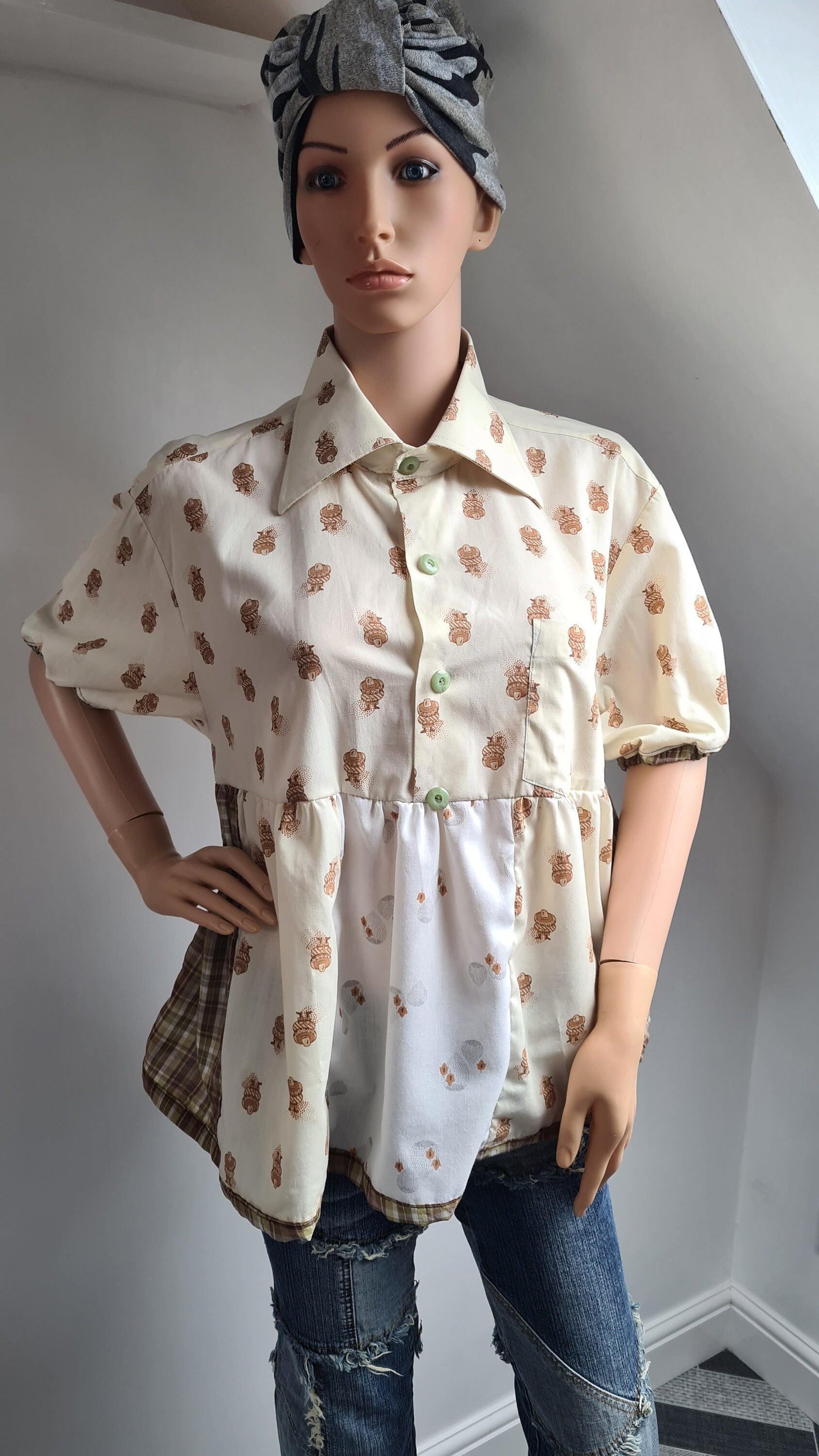 Reworked Vintage Print Shirt Smock Top One Size