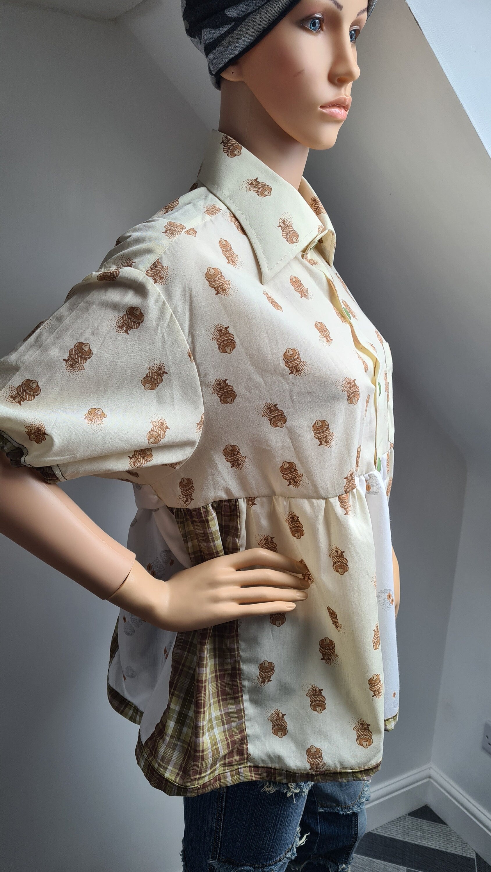 Reworked Vintage Print Shirt Smock Top One Size