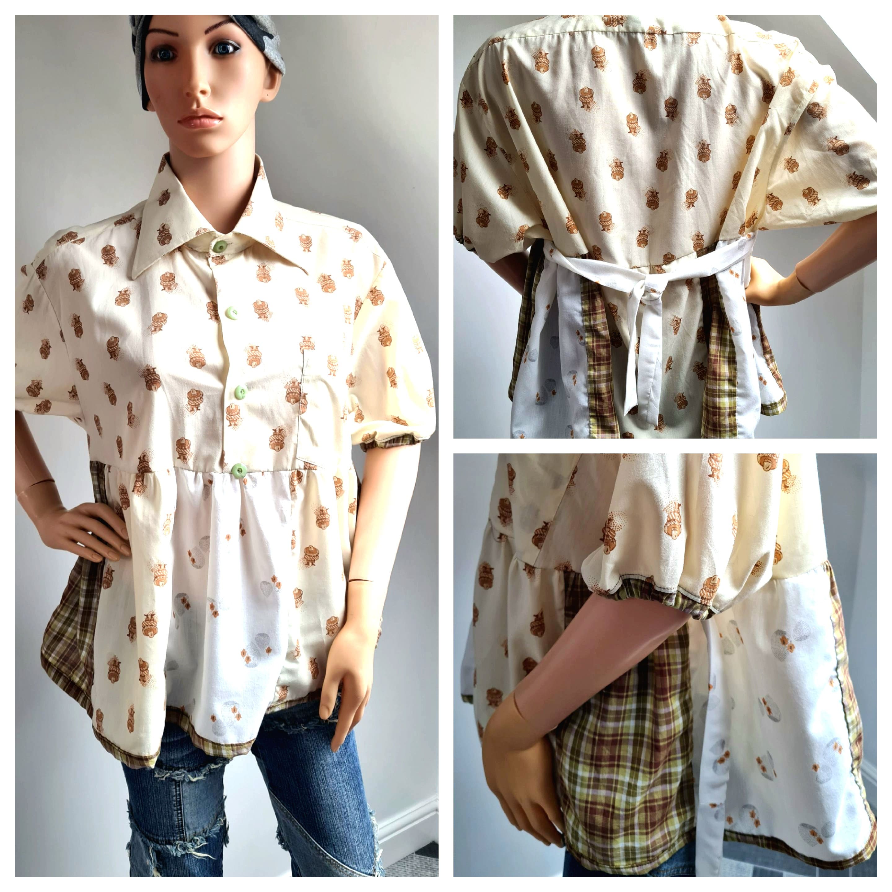 Reworked Vintage Print Shirt Smock Top One Size